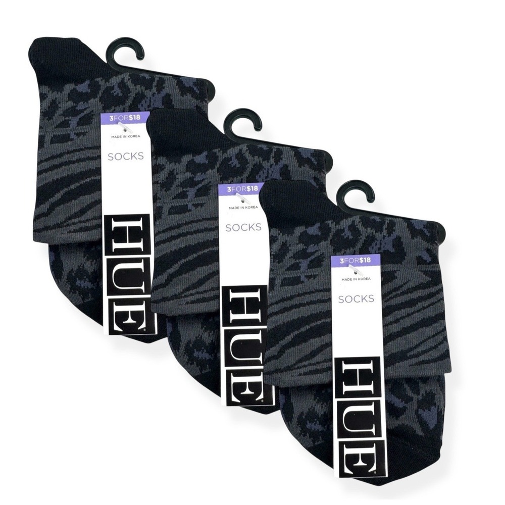 Hue Womens Black Animal Print Cotton Body Socks One Size Fits Most 3 Pairs